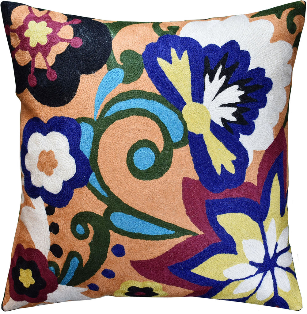 Suzani Floral Bloom Apricot Decorative Pillow Cover Handembroidered Wool 18x18" - KashmirDesigns