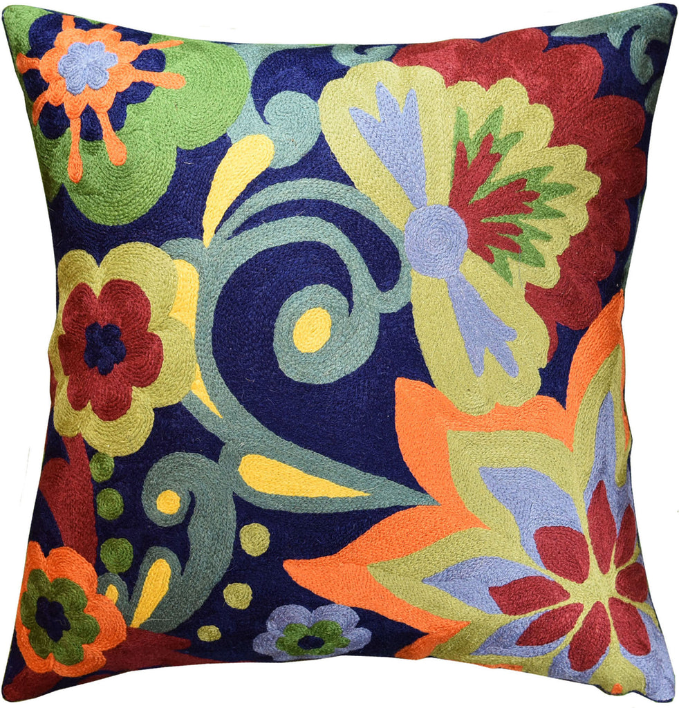 Suzani Floral Bloom Navy Decorative Pillow Cover Handembroidered Wool 18x18" - KashmirDesigns