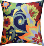 Suzani Floral Bloom Navy Decorative Pillow Cover Handembroidered Wool 18x18