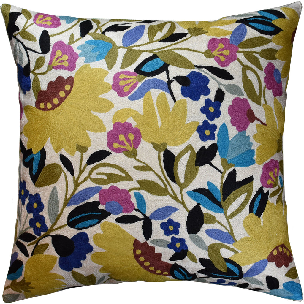 Suzani Yellow Floral Bloom Decorative Pillow Cover Handembroidered Wool 18x18" - KashmirDesigns