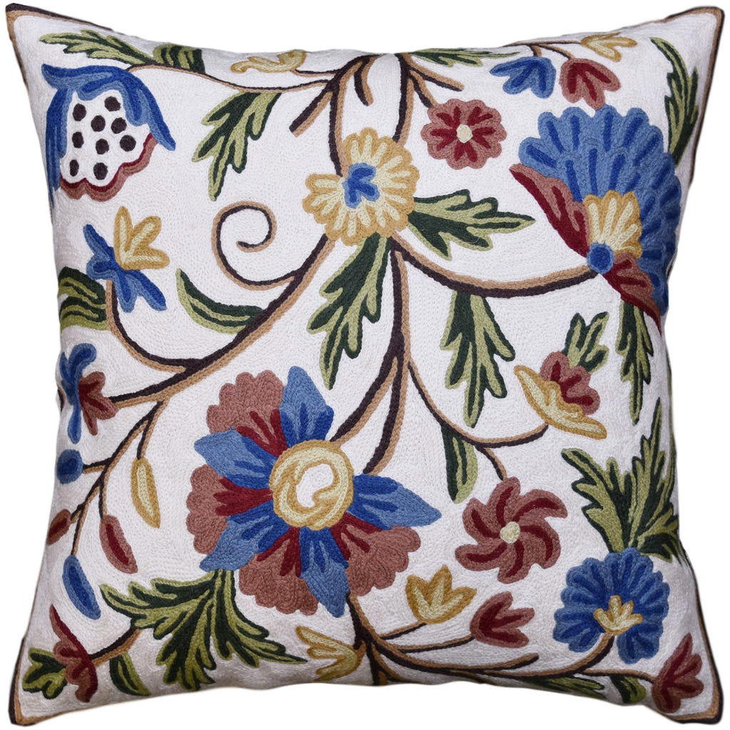 Suzani Pillow Cover Ivory Dahlia Decorative Floral Hand embroidered Wool 18x18" - KashmirDesigns