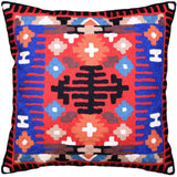 Tribal Pillow Cover Thunderbird Red Blue Southwestern Aztec Handembroidered Wool 18x18