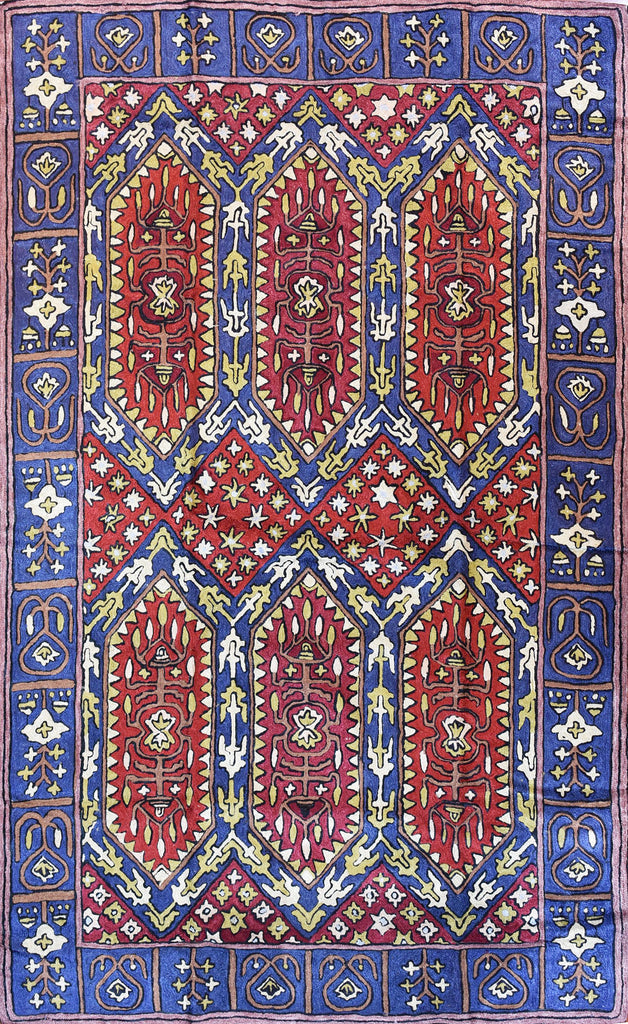Tribal 3ftx5ft Aztec Blue Red Southwestern Wall Hanging Tapestry Rug Art Silk - KashmirDesigns