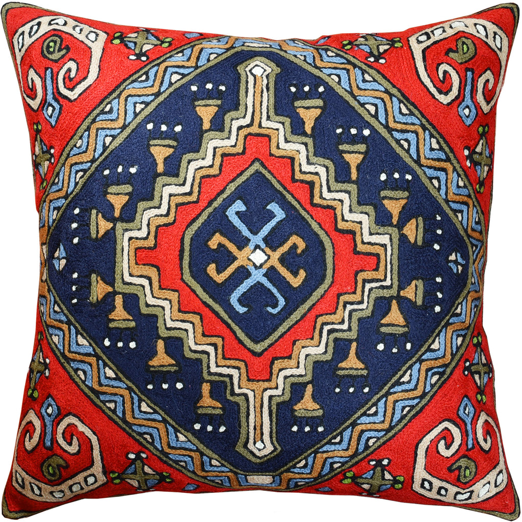 Tribal Scorpion Kilim Southwestern Red Navy Hand Embroidered Wool 18x18" - KashmirDesigns