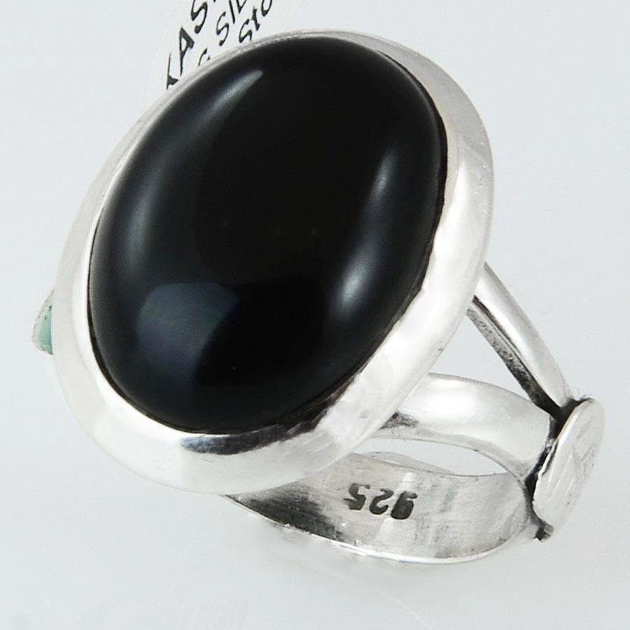 Size 6.5 Black Onyx Ring Sterling Silver Cabochon Rings Leaf - Kashmir Designs