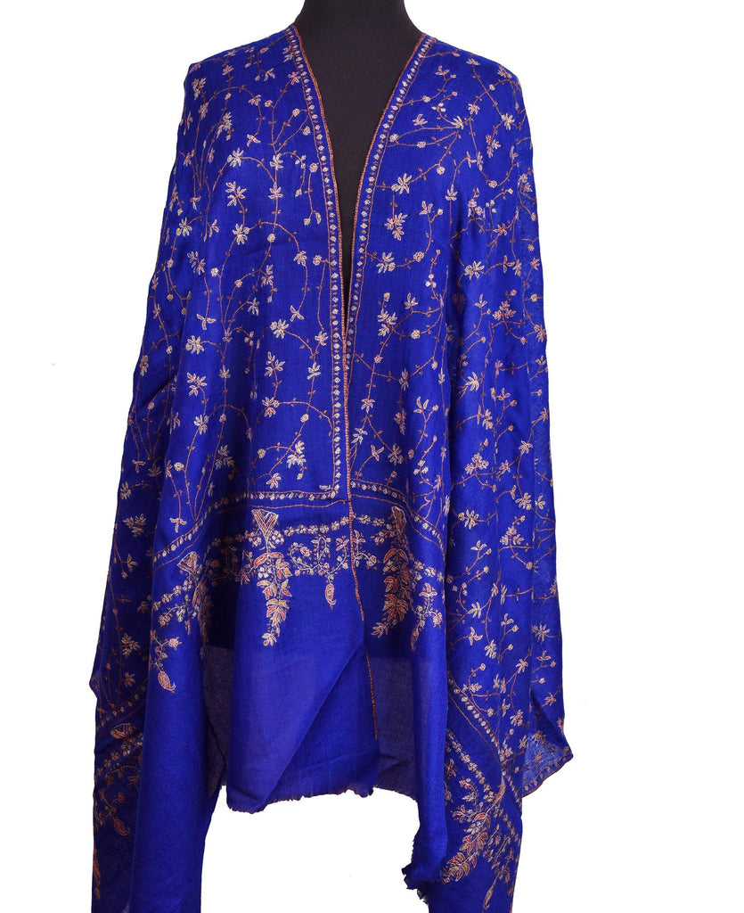 Selena Pashmina Shawl Blue Antelope Handloom Suzani Needlework Wrap 27x76” - Kashmir Designs