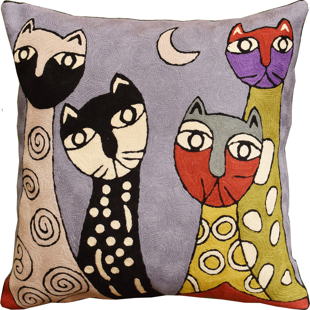 Picasso Gray Cats Quadruplets Accent Pillow Cover Handembroidered Wool 18x18" - KashmirDesigns