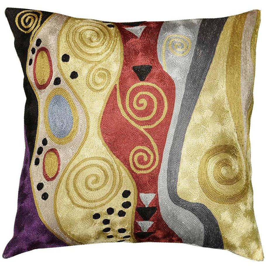 Klimt Tree Of Life Accent Pillow Cover Silk Hand Embroidered 18" x 18" - KashmirDesigns