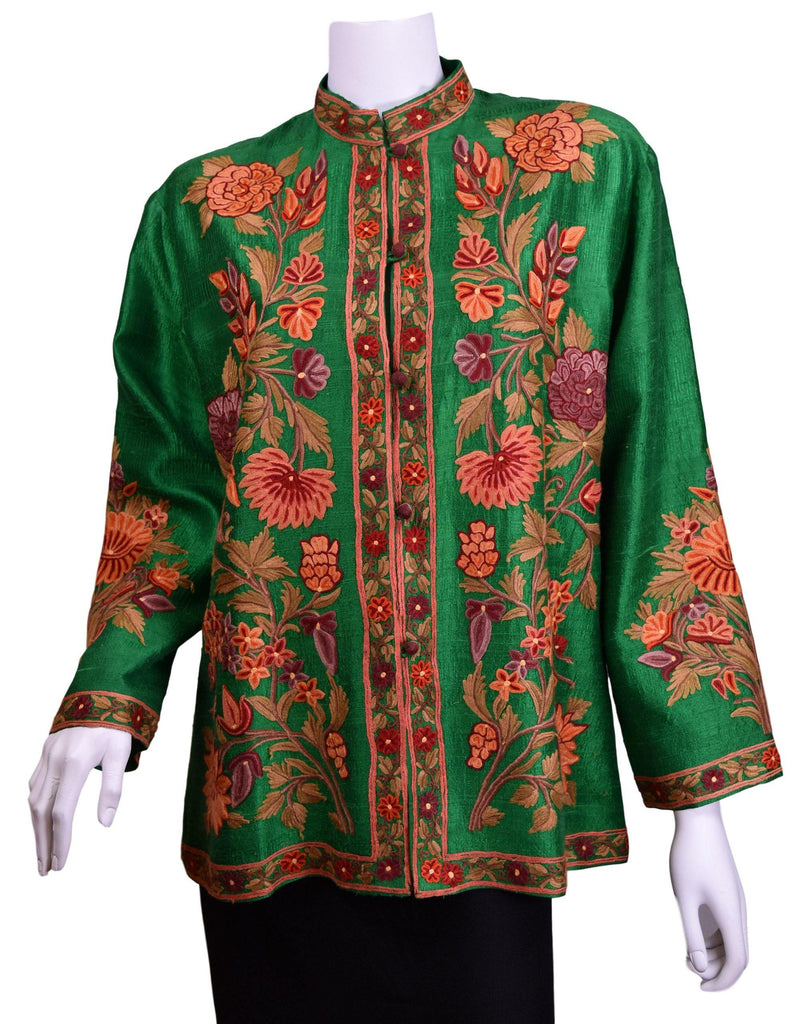 Ceres Green Silk Dinner Jacket Floral Evening Dress Coat Hand Embroidered Kashmir (Copy) - Kashmir Designs