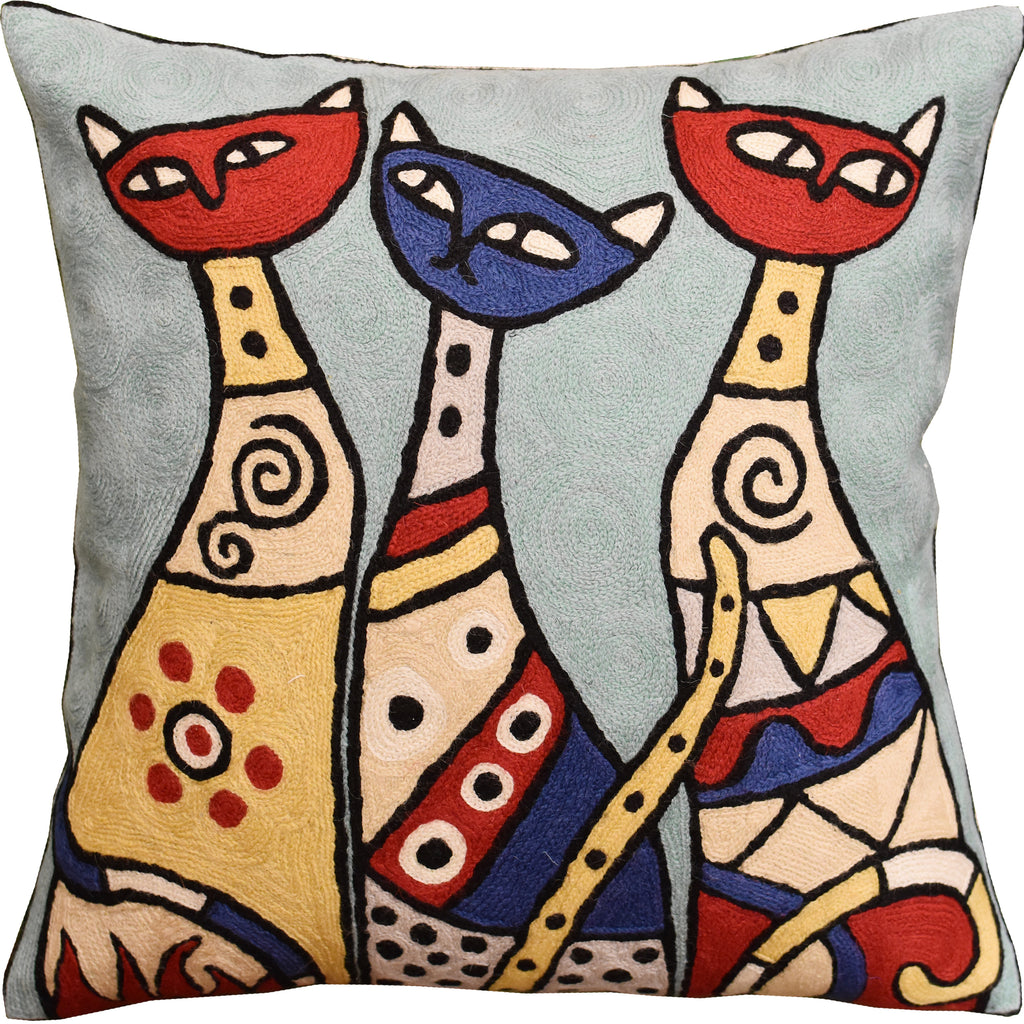 Cute Cats Light Turquoise Decorative Pillow Cover Triplets Handmade Wool 18x18" - KashmirDesigns