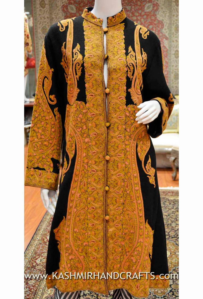 cashmere black paisley dinner long jacket wool hand embroidered - Kashmir Designs