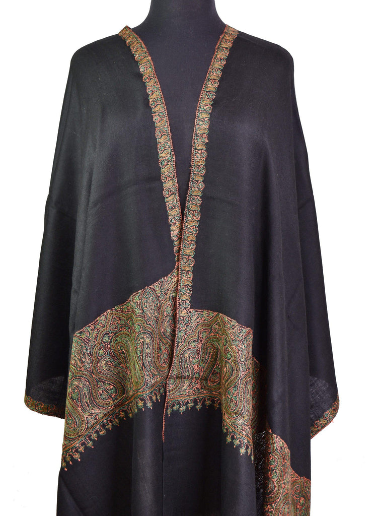 Persephone Pashmina Shawl Black Handloom Suzani Needlework Wrap 27x76” - Kashmir Designs