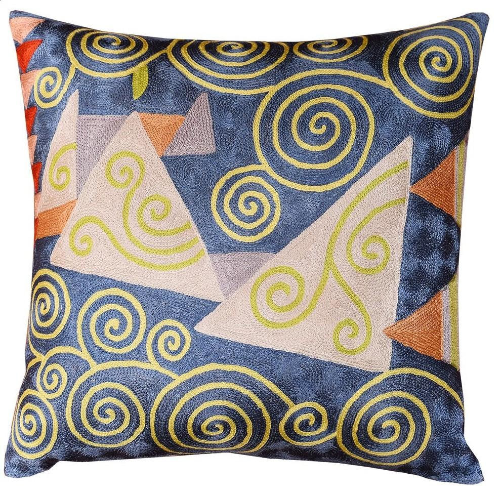 Klimt Cushion Cover Blue Jewel Tree IV Silk Hand Embroidered, 18"x18” - KashmirDesigns
