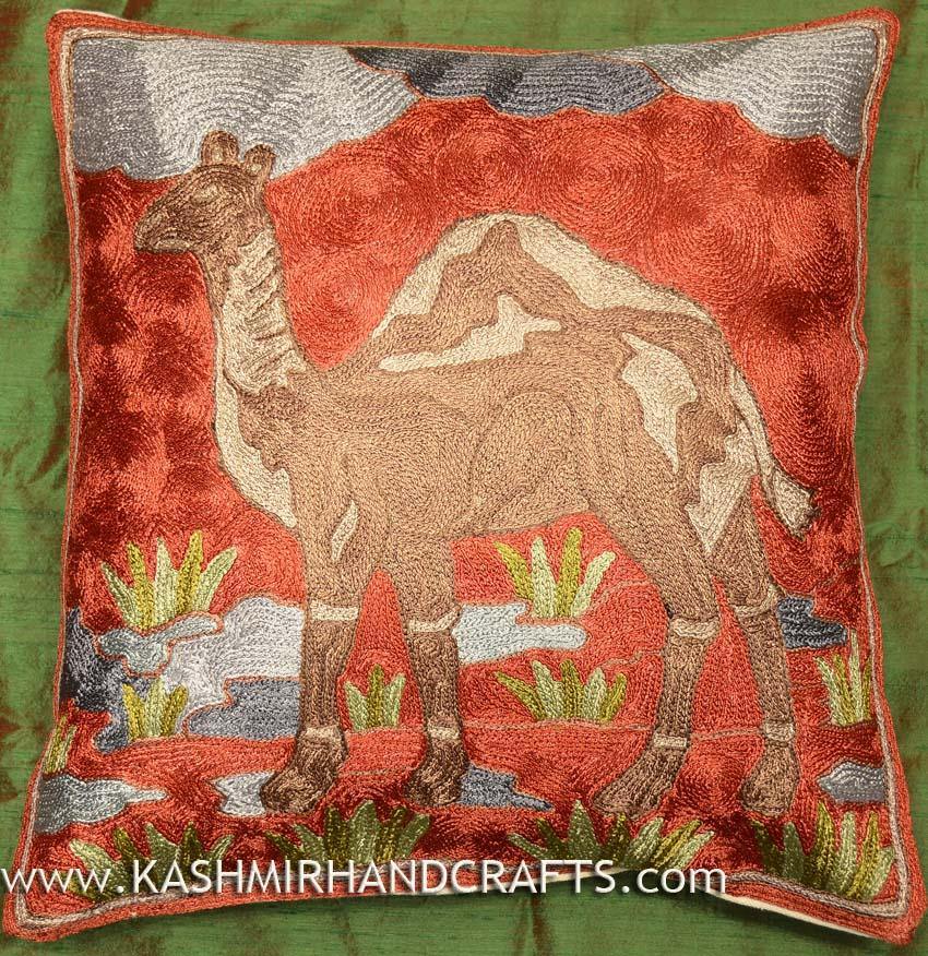 camel pillow cover hand embroidered - Kashmir Designs