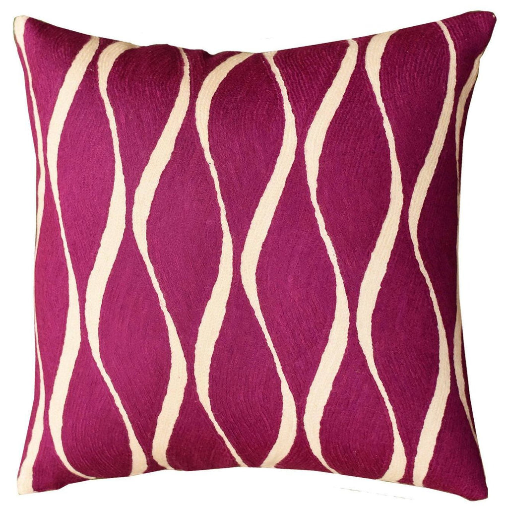 Contemporary Waves Tyrian Purple Decorative Pillow Cover Handmade Wool 18" x 18" - KashmirDesigns