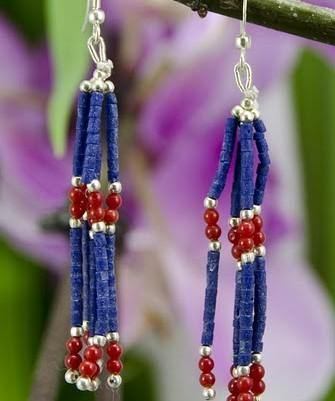 "Silver Tongue" Lapis & Coral Strand Earrings - Kashmir Designs