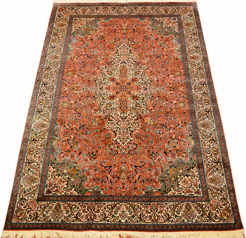 6x9ft Peach Kashan Silk Rug Oriental Carpet Medallion Salmon Paradise Garden Kashmir Hand Knotted - Kashmir Designs