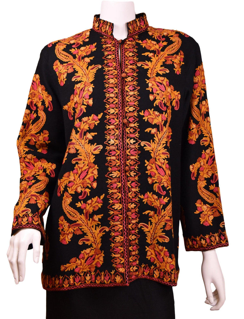 Larisa Black Jacket Dinner Cashmere Evening Dress Coat Paisley Hand Embroidered Kashmir - Kashmir Designs