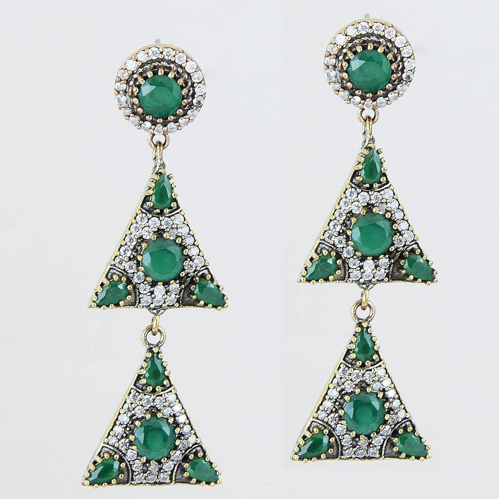 Silver Emerald Green 925 Sterling Earrings Ottoman Art Deco Triangle - Kashmir Designs