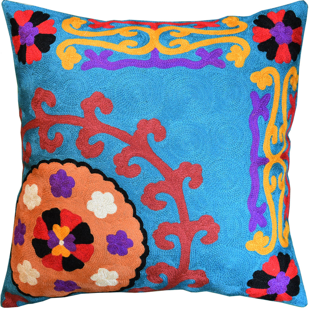 Bright Turquoise Floral Bohemian Suzani Toss Pillow Cover Handmade Wool 18x18" - KashmirDesigns