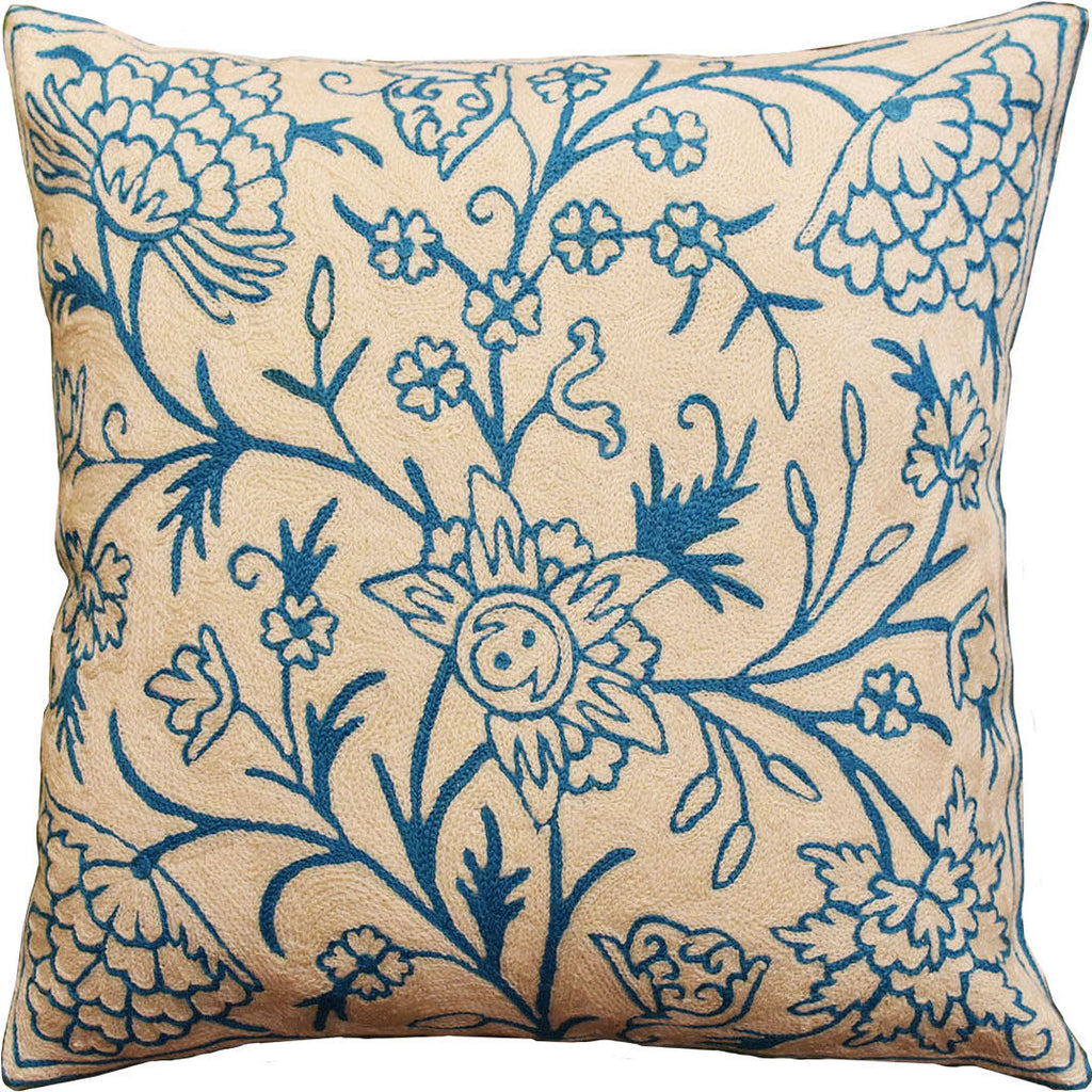 Floral Bloom Ivory Turquoise Decorative Pillow Cover Handembroidered Wool 18x18" - KashmirDesigns