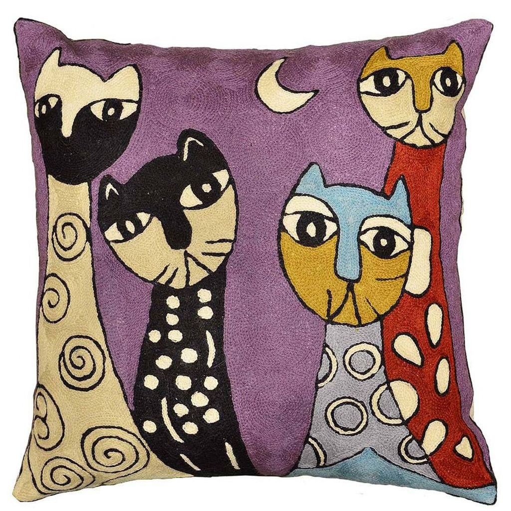 Picasso Purple Cat Pillow Cover Quadruplets Hand Embroidered Wool 18" x 18" - KashmirDesigns