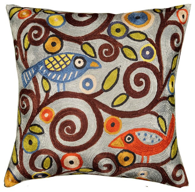 Branch Birds Karla Gerard Accent Pillow Cover Handembroidered Art Silk 18"x18" - KashmirDesigns
