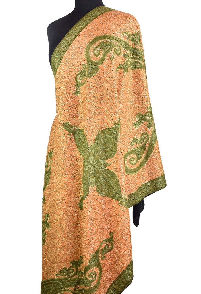 Melete Kashmir Shawl Paisley Gold Green Hand Embroidered Suzani Needlework Wrap 27x76" - Kashmir Designs