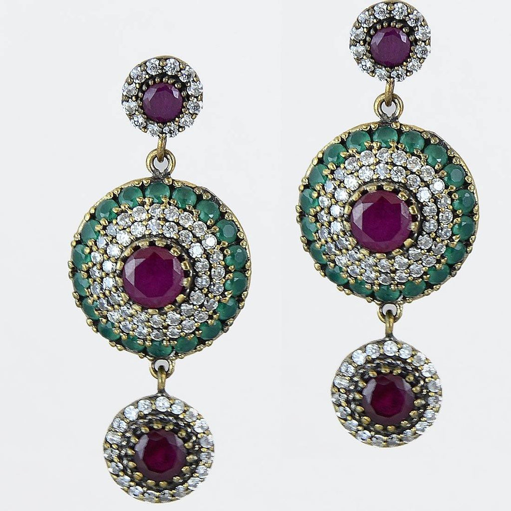 Silver Ruby Emerald 925 Sterling Earrings Ottoman Dome Dangle - Kashmir Designs