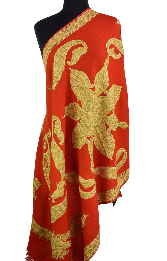 Scarlet Kashmir Shawl Paisley Red Gold Hand Embroidered Suzani Needlework Wrap 27x76" - Kashmir Designs