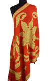 Scarlet Kashmir Shawl Paisley Red Gold Hand Embroidered Suzani Needlework Wrap 27x76