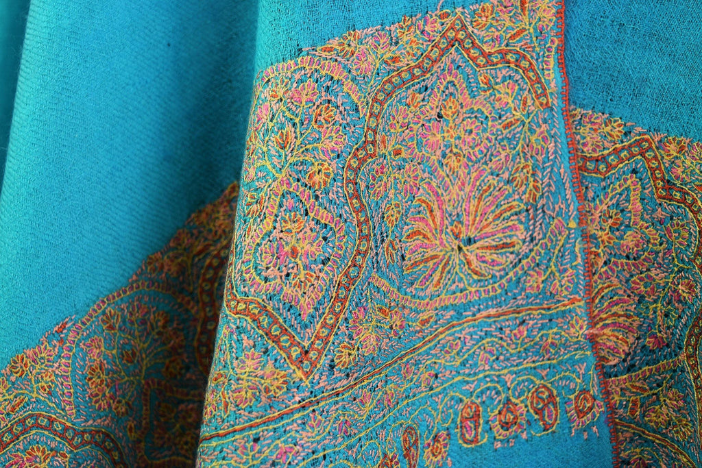 Thalia Pashmina Shawl Turquoise Antelope Handloom Suzani Needlework Wrap 27x76” - Kashmir Designs