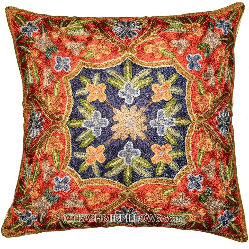 Ottoman Design Floral Decorative Cushion Cover Red Blue Hand Embroidered 16? X 16? - Kashmir Designs