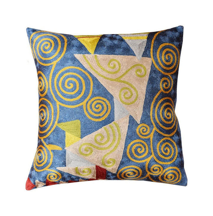 Klimt Cushion Cover Blue Jewel Tree III Silk Hand Embroidered, 18"x18" - KashmirDesigns