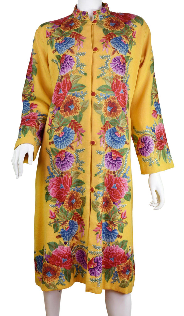 Irene Floral Cashmere Jacket Dinner Yellow Gold Evening Dress Coat Hand Embroidered Kashmir - Kashmir Designs