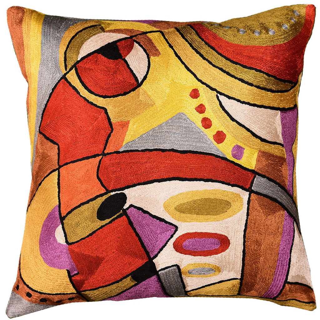 Decorative Cushion Cover Abstract Musical Hand Embroidered 18" x 18" - KashmirDesigns