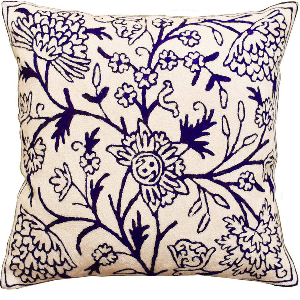 Floral Bloom Ivory Navy Decorative Pillow Cover Handembroidered Wool 18x18" - KashmirDesigns