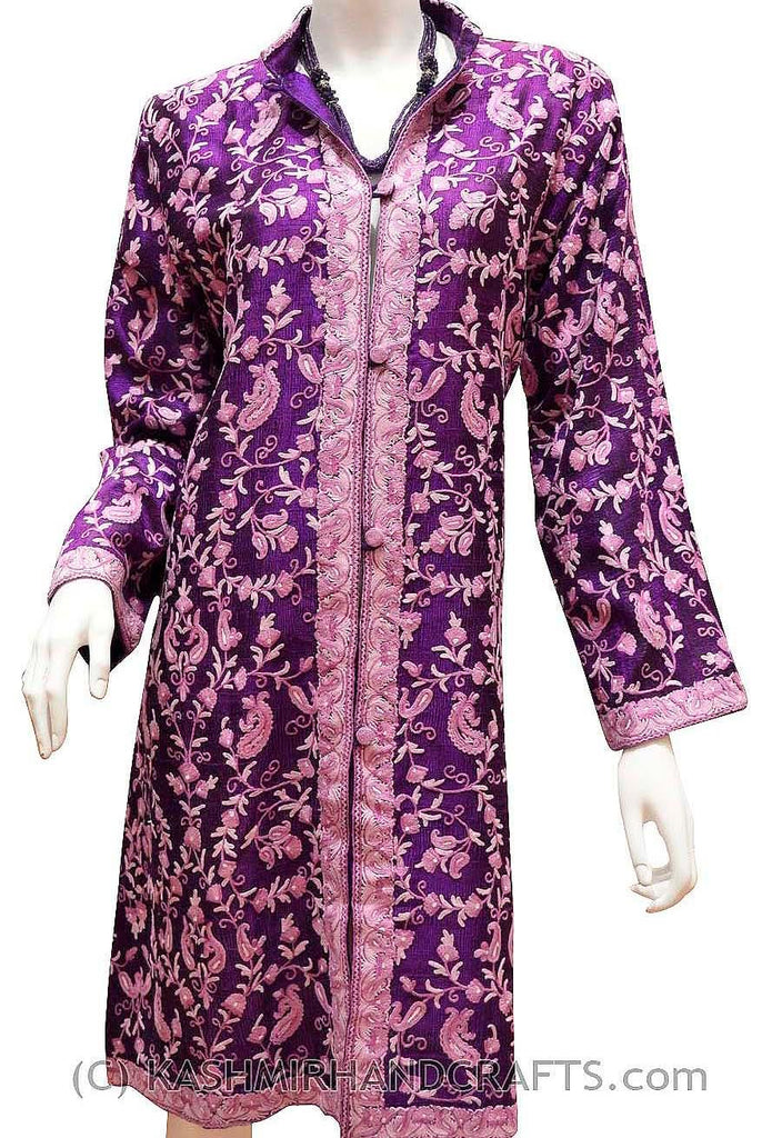 Purple Silk Jacket Dinner Paisley Evening Dress Coat Hand Embroidered Kashmir - Kashmir Designs