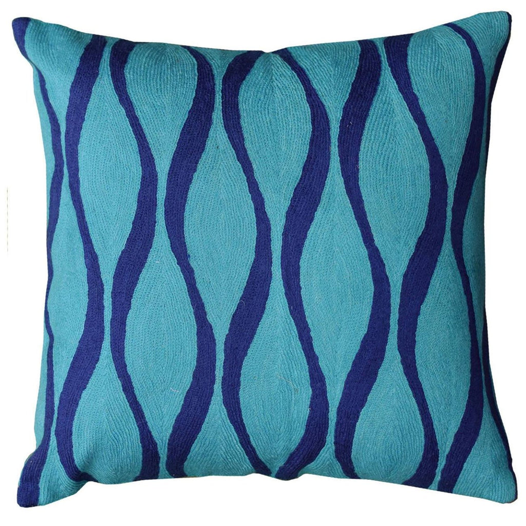 Contemporary Waves Aqua Turquoise Decorative Pillow Cover Wool 18" x 18" - KashmirDesigns