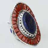 Size 8 Natural Lapis Coral Ring Sterling Silver Marquise