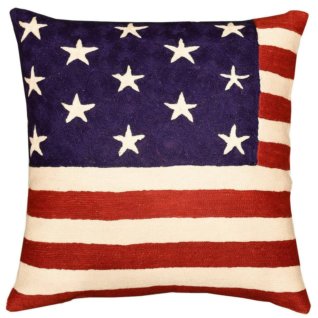 American Flag Pillow Cover Hand Embroidered 18" x 18" - KashmirDesigns