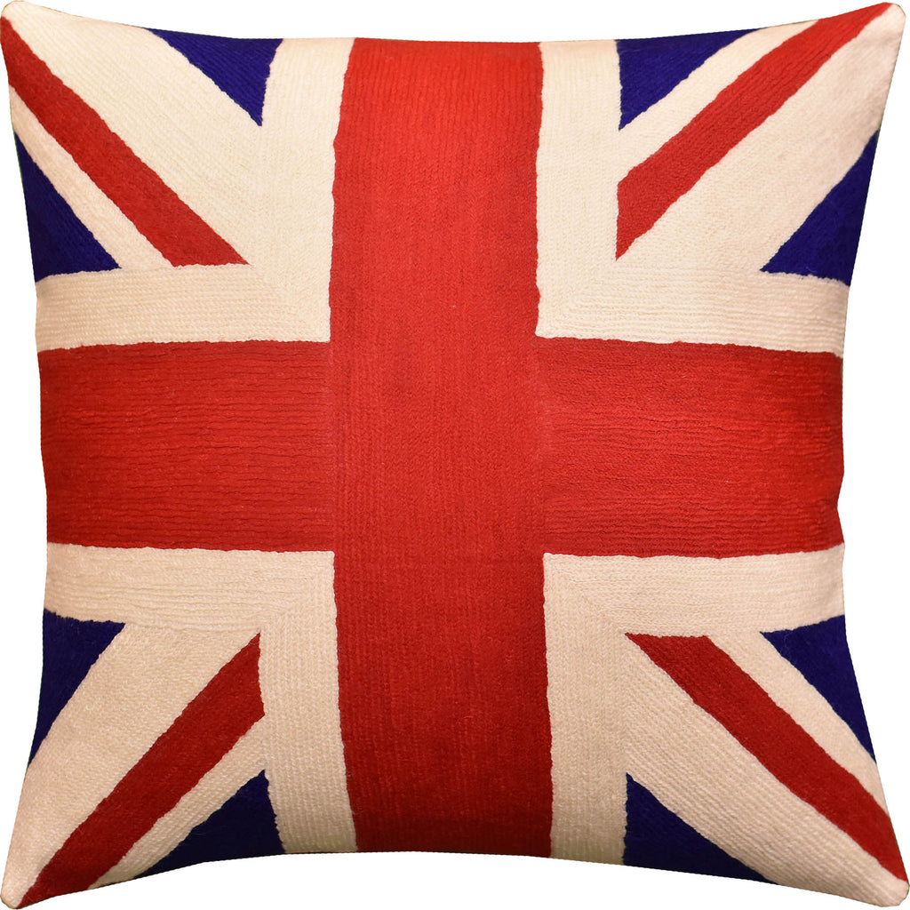 British Flag Union Jack Decorative Pillow Cover Handembroidered Wool 18x18" - KashmirDesigns
