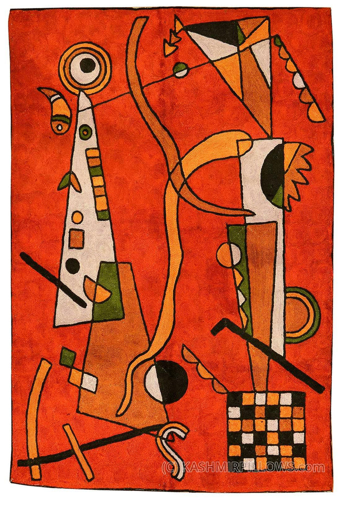Kandinsky Red Silk rug / tapestry Airplane / Wall Tapestry Hand Embroidered 2ft x 3ft - Kashmir Designs