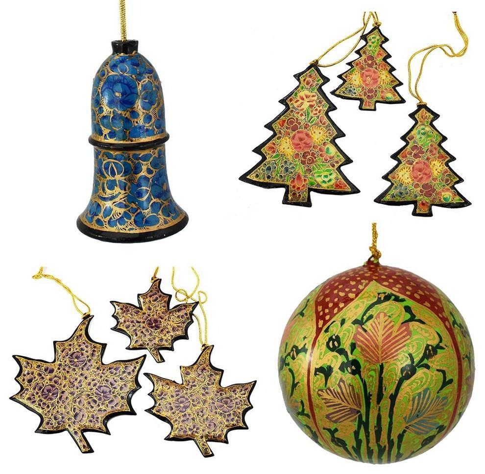 Holiday Christmas Ornaments, Hand Painted Ball, Bell, Tree and Maple Set - KashmirDesigns