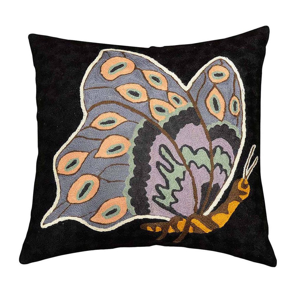 Butterfly Blossom Black Decorative Pillow Cover Hand Embroidered 18" x 18" - KashmirDesigns