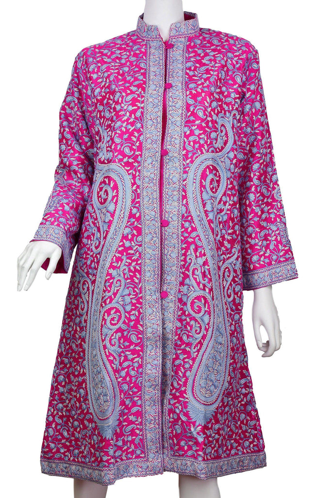 Hemera Fuchsia Pink Silk Jacket Dinner Paisley Floral Evening Dress Coat Hand Embroidered Kashmir - Kashmir Designs