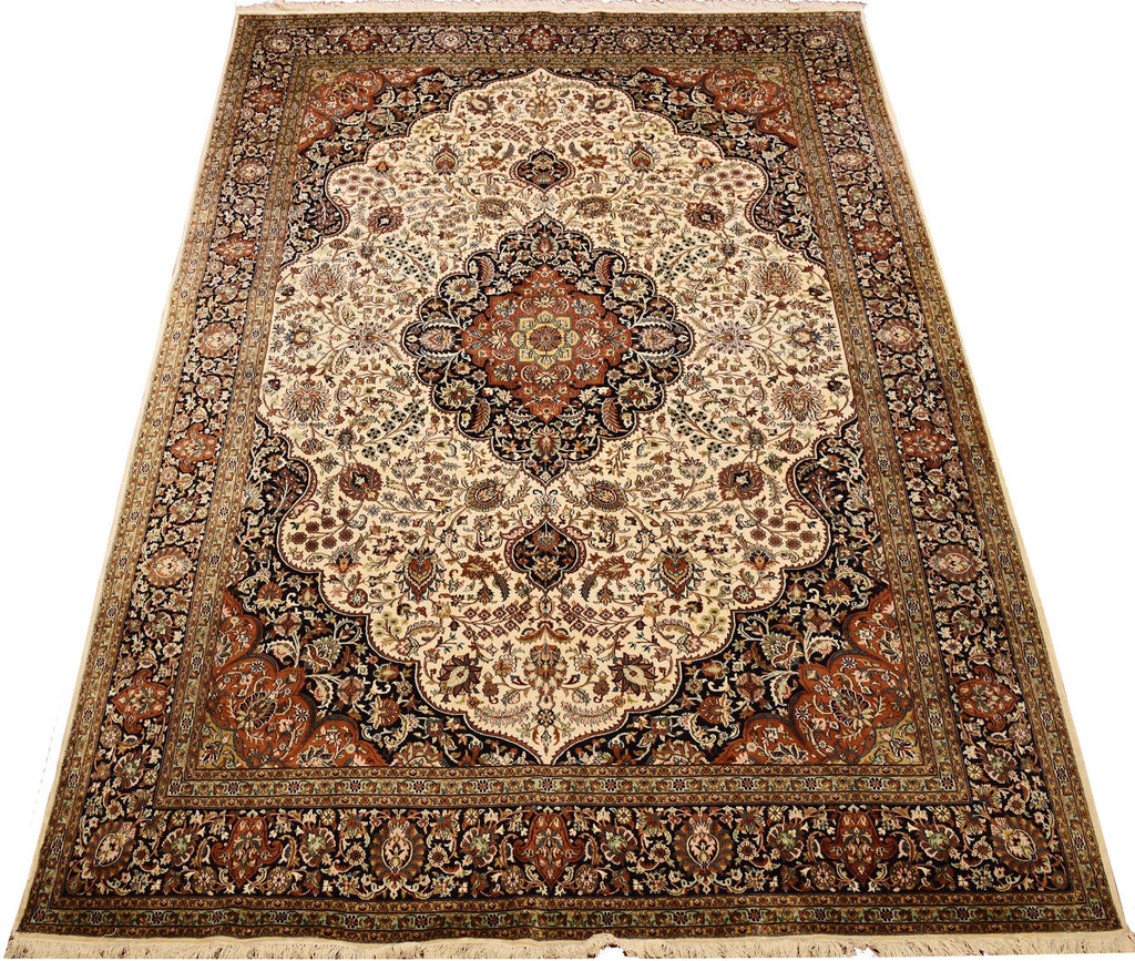 8x11ft Ivory White Kashan Silk Rug Oriental Carpet Cream Medallion HandKnotted - Kashmir Designs