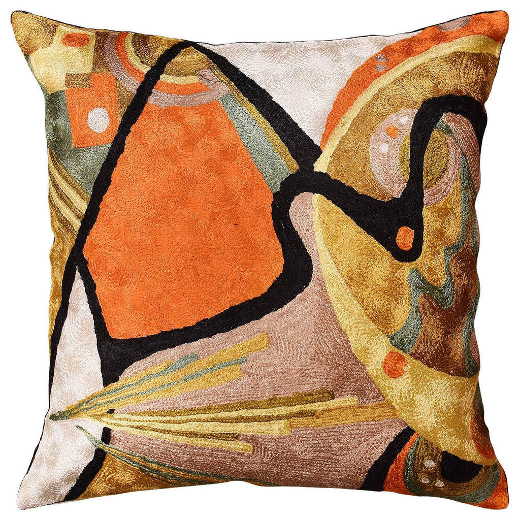 Kandinsky In the Flow II OrangeAccent Pillow Cover Handmade Art Silk 18"x18" - KashmirDesigns
