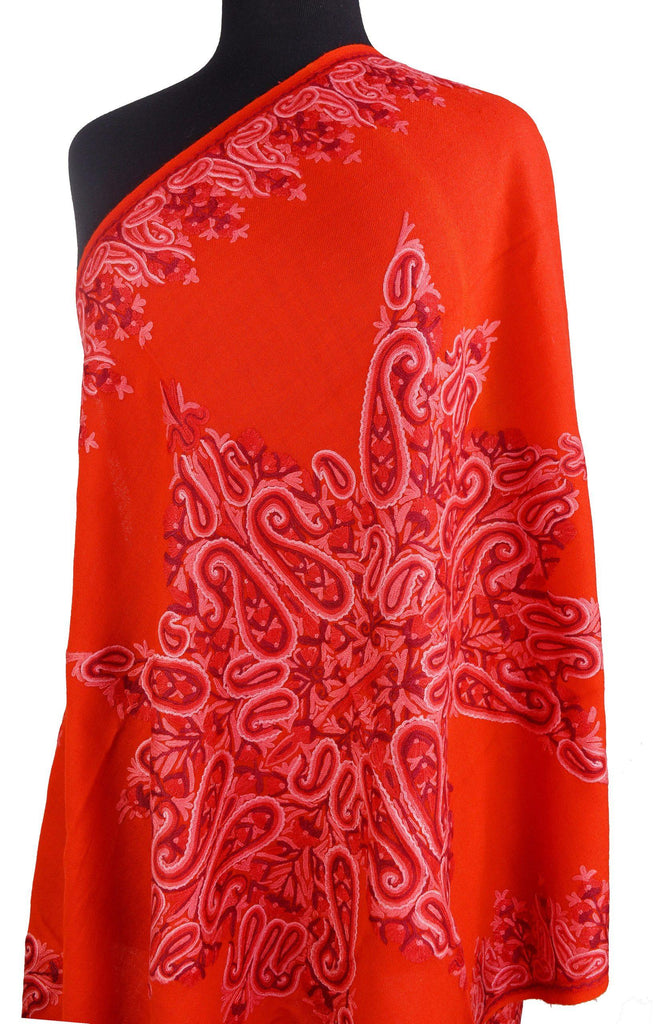 Scarlet Kashmir Shawl Paisley Red Hand Embroidered Suzani Needlework Wrap 27x76" - Kashmir Designs