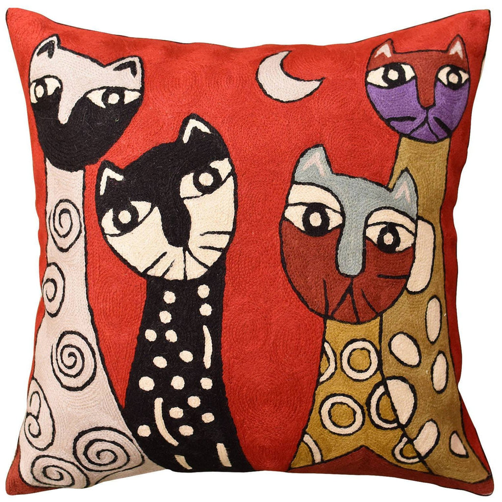 Picasso Red Cat Quadruplets Decorative Pillow Cover Handembroidered Wool 18"x18" - KashmirDesigns